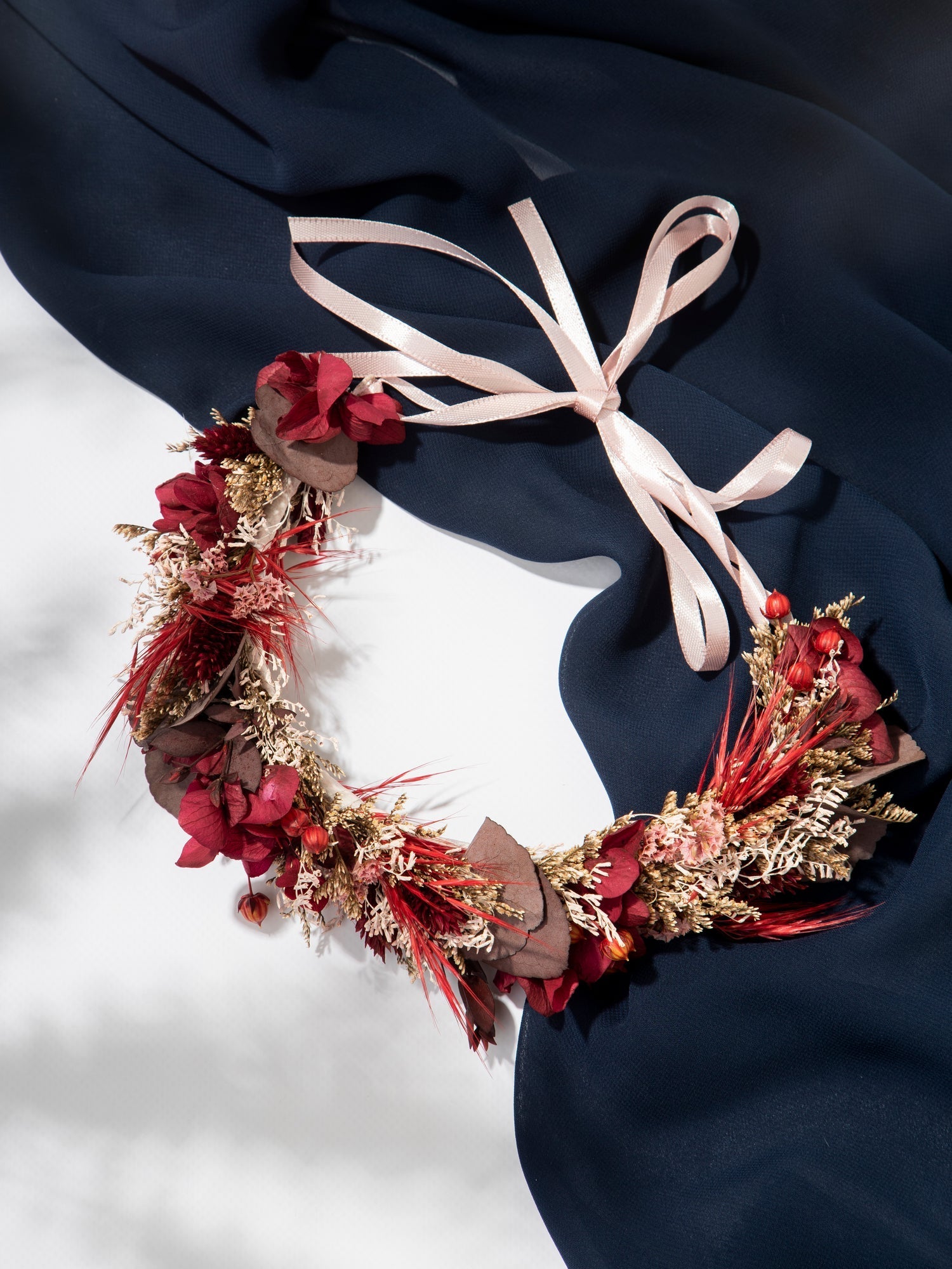 Бордовий весільний вінок на голову з льоном - DecorFlowerBar