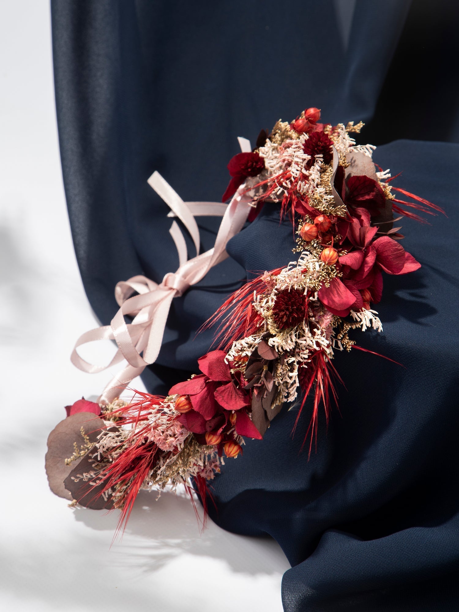 Бордовий весільний вінок на голову з льоном - DecorFlowerBar